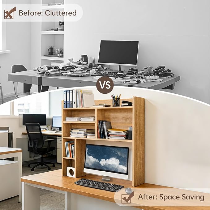 Desktop Bookshelf, Wooden Desk Hutch with 7 Shelves, 35.4" 3-Tier Desk Organizer and Storage Shelf for College Dorm Office Home (Natural)