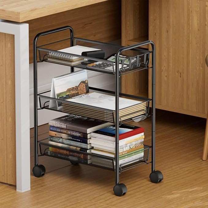 3 Tier Metal Rolling Cart with Wheels, Wire Bathroom Organizer Storage Shelves with Hooks, Utility Cart for Kitchen Laundry Room, Black