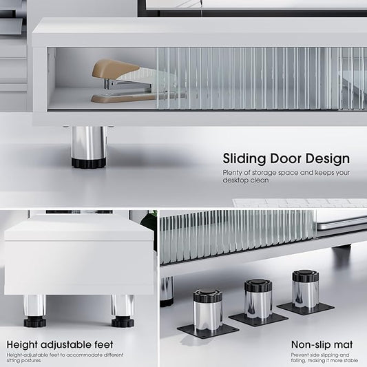 Fenge Dual Monitor Stand, 42.5inch Long Monitor Stands Riser for 2 Monitors, Sliding Door with Storage Organizer Stand for Desk, 2 Tier Desk Shelf for Laptop, Pc, Printer, Computer, TV