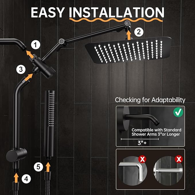 Veken All Metal 10" Black Shower Head with Handheld, Luxurious Square Double Rain Shower Heads with Spray Combo, Dual High Pressure Detachable Rainfall Showerhead with Arm,Bathroom Upgrade,Matte Black