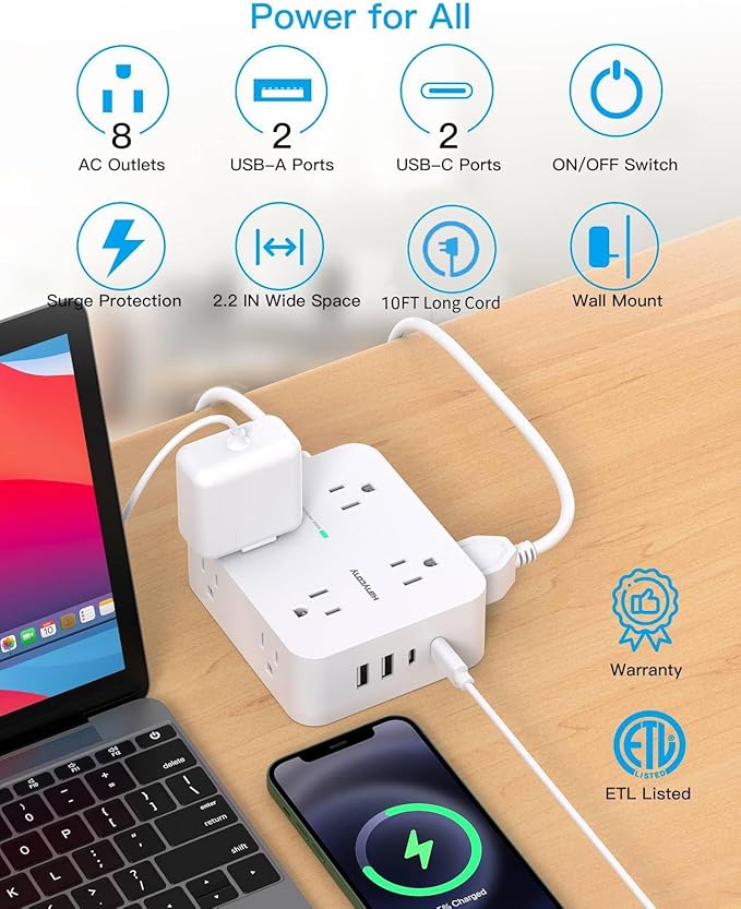 Extension Cord 10 Ft, HANYCONY Surge Protector Power Strip with 8 Widely Outlets 4 USB Ports (2 USB C), 3-Side Outlet Extender Strip, Wall Mount, Ideal for Home Office College Dorm Room Essentials