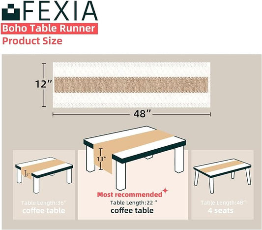 FEXIA Boho Table Runner for Thanksgiving Home Decor 48 Inches Long Farmhouse Rustic Table Runner Cream & Brown Macrame(Without Tassel) for Dining Bedroom Decor Rustic Bridal Shower (12x48 Inches)