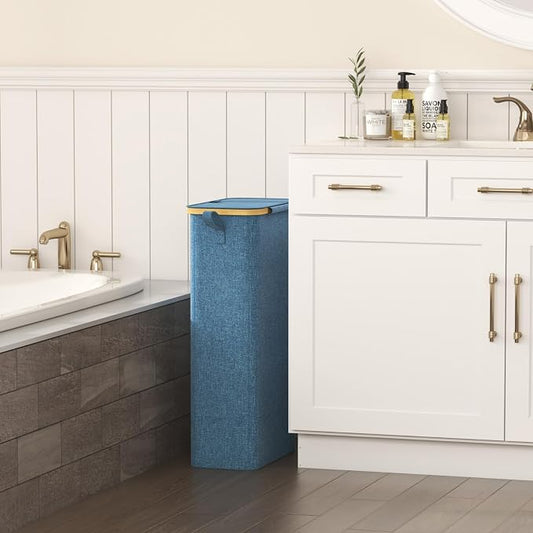 Lifewit 65L Slim Laundry Hamper with Lid, Narrow Laundry Basket with Removable Bag & Bamboo Handles, Fodable Thin Dirty Clothes Hamper for Laundry Collapsible Bin for Bathroom Bedroom Dorm, Dark Blue