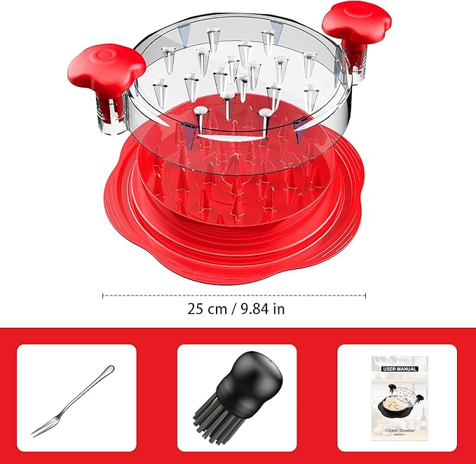 SURETIVIAN Chicken Shredder Tool Twist Large Chicken Breast Shredder with Brush&Fork, Visible Meat Shredder Machine, Anti-Slip Strip, Ergonomic Handle, BPA Free, Suitable for Pork Beef Chicken(Red)