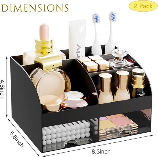 Makeup Organizer with 2 Drawers, Cosmetic Storage for Dresser Vanity and Bathroom Countertop,Make up organization and Skincare Storage with Beauty Brush Holder, Cosmetic Display Case 2Pcs Black