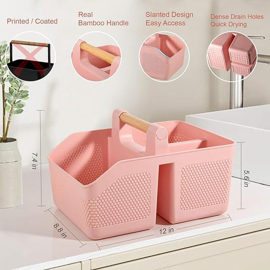 rejomiik Shower Caddy Portable with Bamboo Handle, Plastic Basket Cleaning Caddy Organizer Storage Tote for Bathroom, College, Dorm Room Essentials, Pink