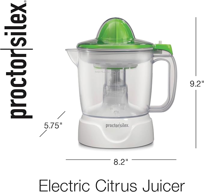 Proctor Silex Electric Citrus Juicer Machine, Large 34 oz. Pitcher, Pressure Activated, 2 Reamers for Big and Small Fruit, Pulp Control, for Orange, Lemon, fruit Juice, White,Green (66340) (Pack of 2)