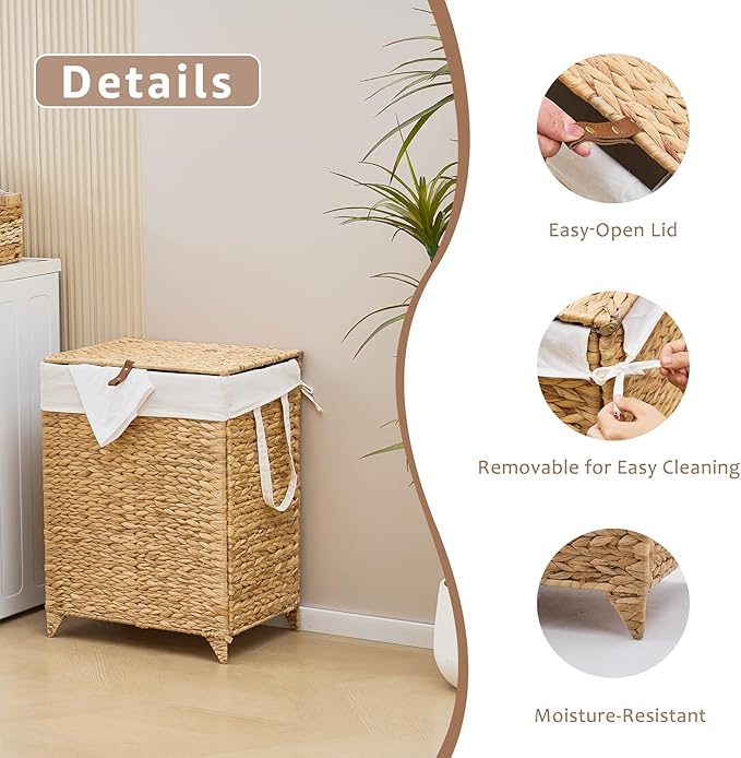 Laundry Hamper with Lid and Removable Liner Bag, Handwoven Natural Hyacinth Clothes Hamper with Heightened Feet, Wicker Laundry Basket for Clothes and Towels,Middle