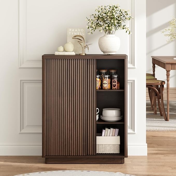 Fluted Shoe Cabinet with Sliding Door Set of 3, 6-Tier Large Hidden Storage Organizer Modern Shoe Rack with Adjustable Shelves, Mid Century Freestanding Wooden Shoe Storage Cabinet for Entryway,Walnut