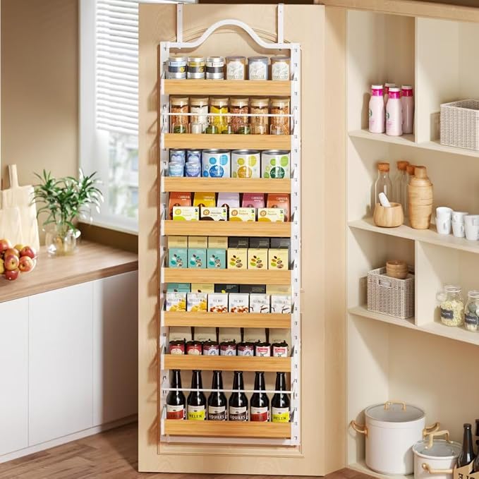 8-Tier Pantry Door Organizer, Over the Door Pantry Organizer with Wooden Adjustable Baskets, 2 IN 1 Spice Rack Wall Mount or Door Organizer, Door Spice Rack for Pantry(72.6×17.1×5.1in,White)