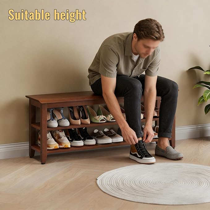 Wood Shoe Bench for Entryway,Bench with Shoe Rack,Storage Shoe Organizer for Hallway,Living Room,Bedroom (Brown, 47.24''W×11.81‘’D×17.71‘’H)
