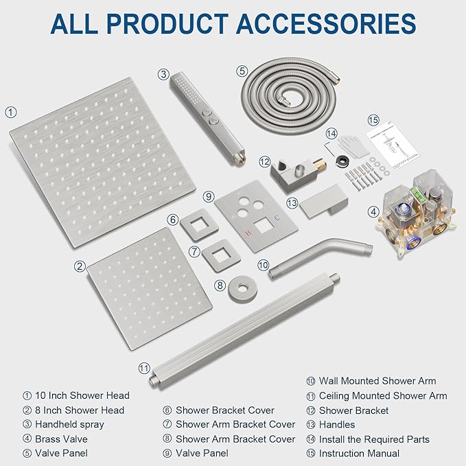 Shower Faucet Set Brushed Nickel Shower System, Ceiling Mount 10 Inch Shower Head With Wall Mount 6 Inch Shower Head and 2 in 1 Handheld Spray, Push Button Diverter Shower Valve Trim Kit