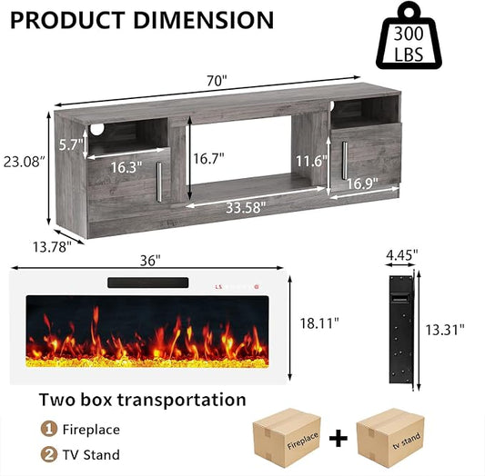 PRETZI Fireplace TV Stand with 36" Fireplace Up to 80" TVs, 70" Entertainment Center with LED Lights,Remote Control, TV Media Console with Storage Cabinets for Living Room,White+Grey