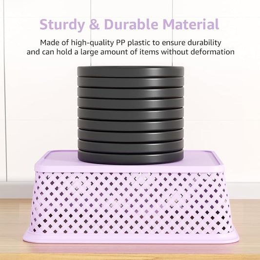 MaxGear 3 Pack Plastic Storage Baskets, Large, Purple | Durable Woven Plastic with Built-In Handles, Suitable for Shelves, Closets, Cabinets, Bathrooms and Offices