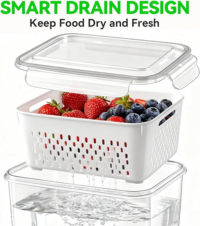 Fresh Produce Storage Containers for Fridge, 3 Pack Fruit Vegetable Keeper with Drain Basket & Airtight Lid, BPA Free Fridge Organizer Bins for Berries, Salad, Meal Prep, 28oz 60oz 111oz