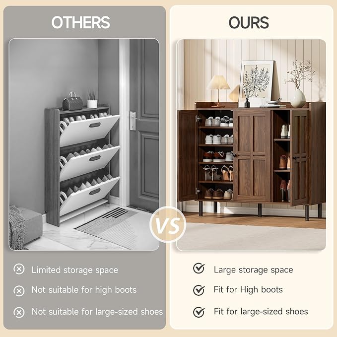 ONBRILL Shoe Cabinet with 3 Doors and Adjustable Shelves, 30 Pairs Shoe Storage Cabinet, 40 Inch Tall Farmhouse Shoe Rack Shoe Organizer Cabinet for Entryway Living Room Closet, Walnut