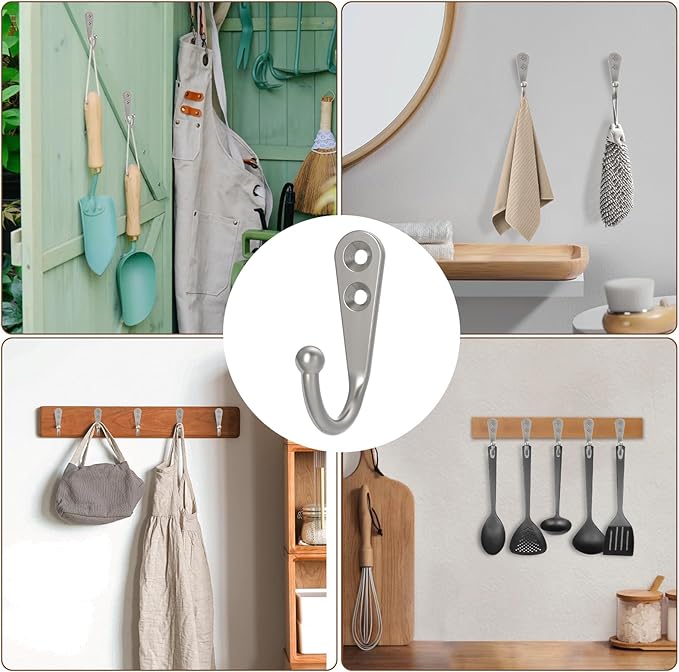 POZEAN 60 Pack Wall Hooks - Silver Coat and Towel Hooks with 120 Screws, for Hanging Coats, Scarves, Bags, Towels, Keys, Caps, Cups, Hats and More