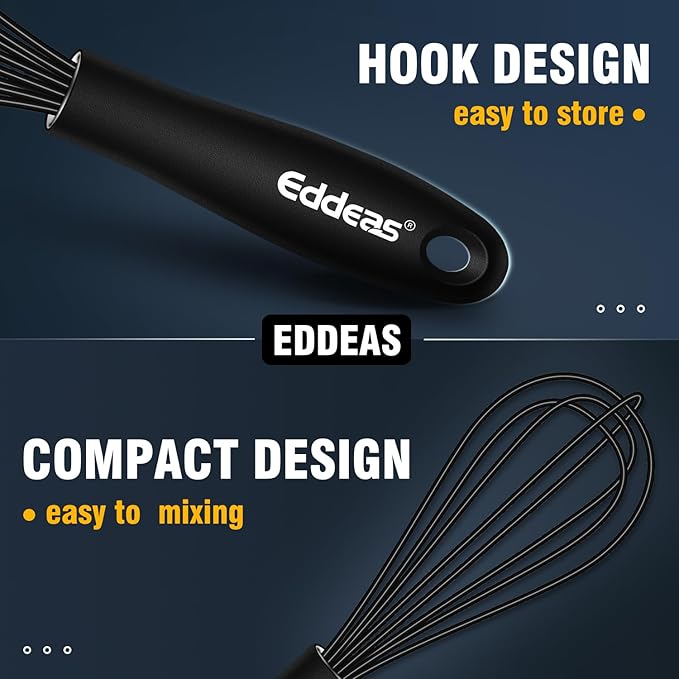 Eddeas Silicone Mini Whisk, Small whisks Non-Stick Tiny Whisks set of 2(5.5in & 7.5in)-Heat Resistant (450°F) Whisks, Balloon Egg Beater Perfect for Whisking, Beating, Mixing, Blending, Black