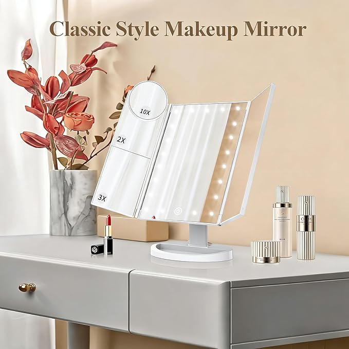 HUONUL Makeup Mirror, Vanity Mirror with Lights, 2X/3X/10X Magnification, Touch Control, Trifold, Dual Power Supply, Valentines Day Gifts for Her,Gifts for Women, Wife, Mom, Girls,Dorm Room Essentials