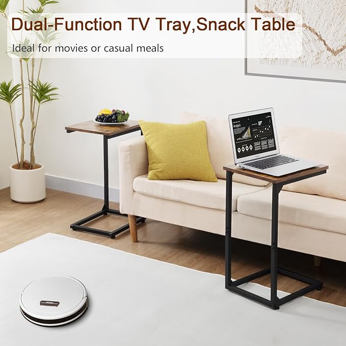 AMHANCIBLE C Shaped Side Table, End Tables Living Room Set of 2, Slide Under Couch Table for Sofa, TV Trays for Bedroom, Small Space, Rustic Brown HET02CBR