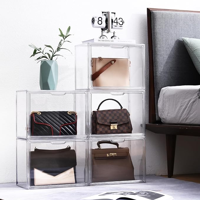 4 Packs Clear Handbag Storage Organizer for Closet, Acrylic Display Case for Purse Handbag, Stackable Purse Organizer Storage Box with Magnetic Door for Wallet Book Toys Collectibles