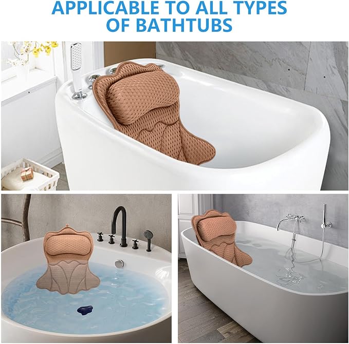 REEZEIVI Bath Pillows for Tub,Bath Pillow with 6 Non-Slip Suction Cups,Soft 4D Mesh Fabric,Bathtub Pillows for Tub Neck and Back Support,Extra Thick Luxury Bathtub Pillows,Brown