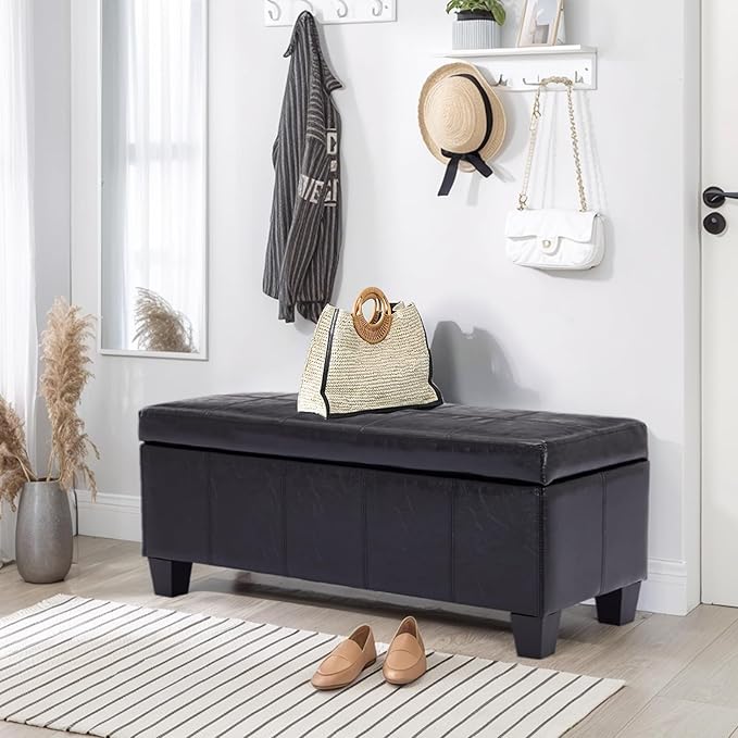Faux Leather Ottoman with Storage, 41" Storage Bench Foot Rest with Legs, Ottoman Bench Sturdy Wood Frame Supports 660 lbs for Bedroom, Living Room, Entryway, Black