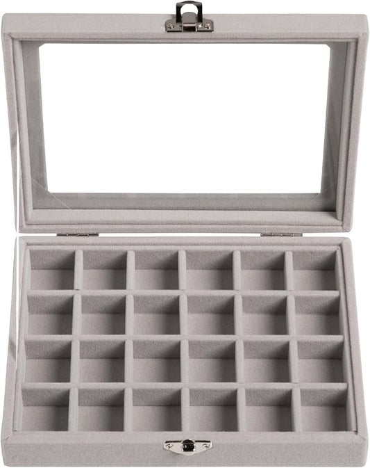 Frebeauty 24 Grid Jewelry Tray,Velvet Stud Earring Organizer,Small Jewelry Organizer with Clear Lid,Lockable Earring Holder Organizer Jewelry Boxes & Organizer Ring Holder for Women & Girls(Grey)