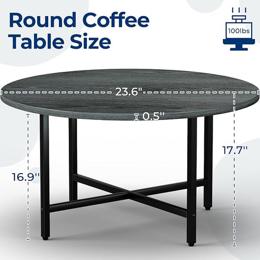 FAMIDGE Round Coffee Table, 23.6" Small Coffee Tables for Living Room, Circle Coffee Table with Metal Frame, Floor Table Desk for Sitting on The Floor, Home, Office, Grey