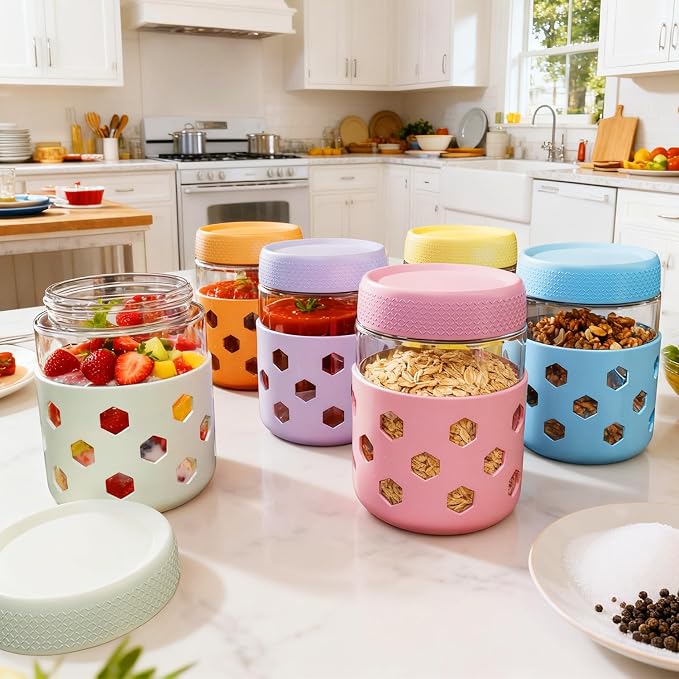 Overnight Oats Containers with Lids and Silicone Sleeve, 6 Pack Wide-Mouth Glass Food Storage Jars, 16oz Mason Jar Style Containers Perfect for Yogurt, Oatmeal, Fruit, Snacks and Meal Prep