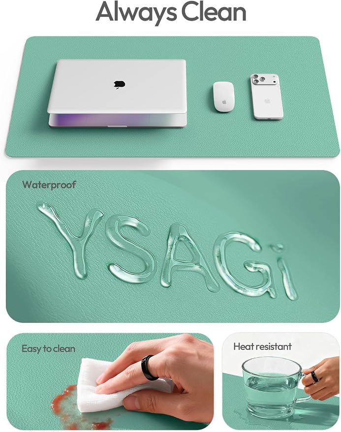 YSAGi Leather Desk Protector, Office Mat, Large Mouse Mat, Non-Slip PU Leather Blotter, Laptop Desk, Waterproof Writing Pad for Office and Home (Green-Blue, 35.4" x 17")