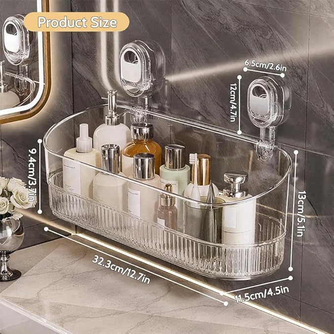 No-Drill Bathroom Suction Storage Box – Large Capacity & Strong Load-Bearing, Removable Hanging Shower Basket Caddy Organizer Drain Rack, with Drainage Hole & Adhesive Backing (Gray, 2pcs)
