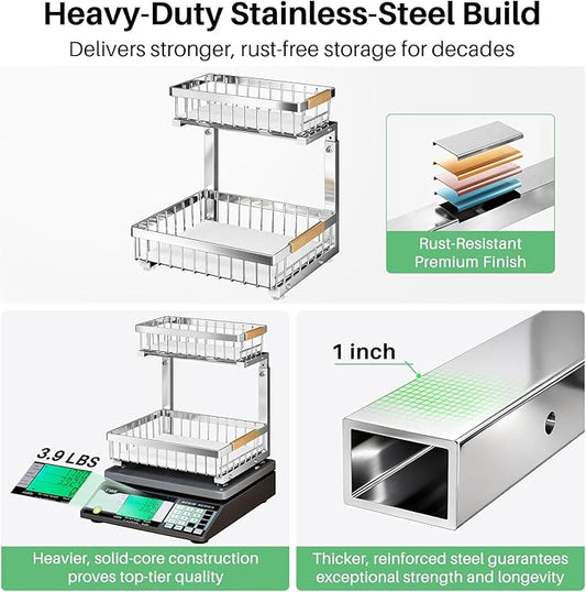 Kitstorack Under Sink Organizer, 2 Tier Under the Sink Storage, Slide out Pull out Cabinet Organizer Shelf, Metal Sliding Drawer for Kitchen Bathroom Pantry Closet Organization Rack, Silver, 1 Pack