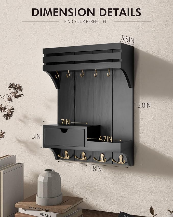 Rebee Vision Modern Key Holder Wall Mount with Mini Drawer Organizer - Decorative Mail Organizer with 9 Key Hooks and Floating Shelf - Stylish Home Decor for Apartment Essentials (Black)
