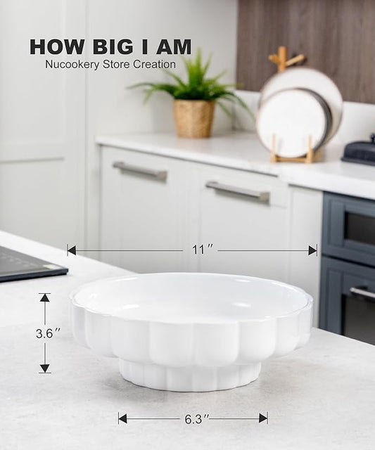 Nucookery Ceramic Petal Fruit Bowl for Kitchen Counter, 11 Inch Modern Decorative Bowl, Elegant Fruit & Vegetable Storage Container, Large Bread Basket, White