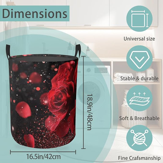 Rose Flower Love Round Laundry Hamper Storage Basket Toys Clothes Organizer Bin For Home Bathroom Bedroom Dorm Nursery