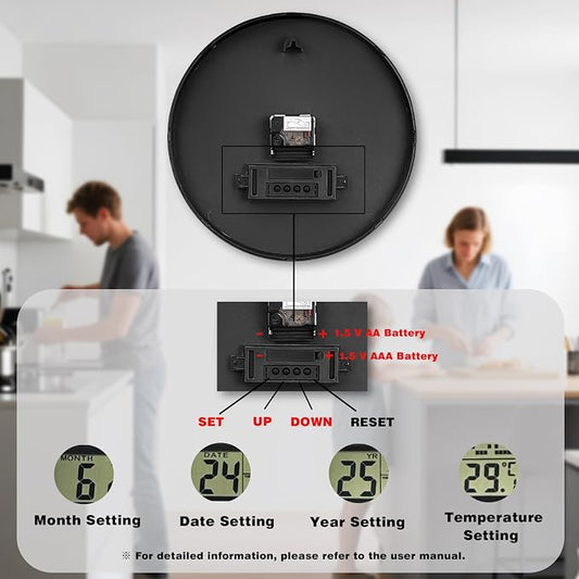 AKCISOT Wall Clock 12 Inch, Non-Ticking Silent Battery Operated Analog with LCD Display for Perpetual Calendar and Temperature, Ideal Modern Decor for Home, Bedroom, Kitchen, Office (Black)