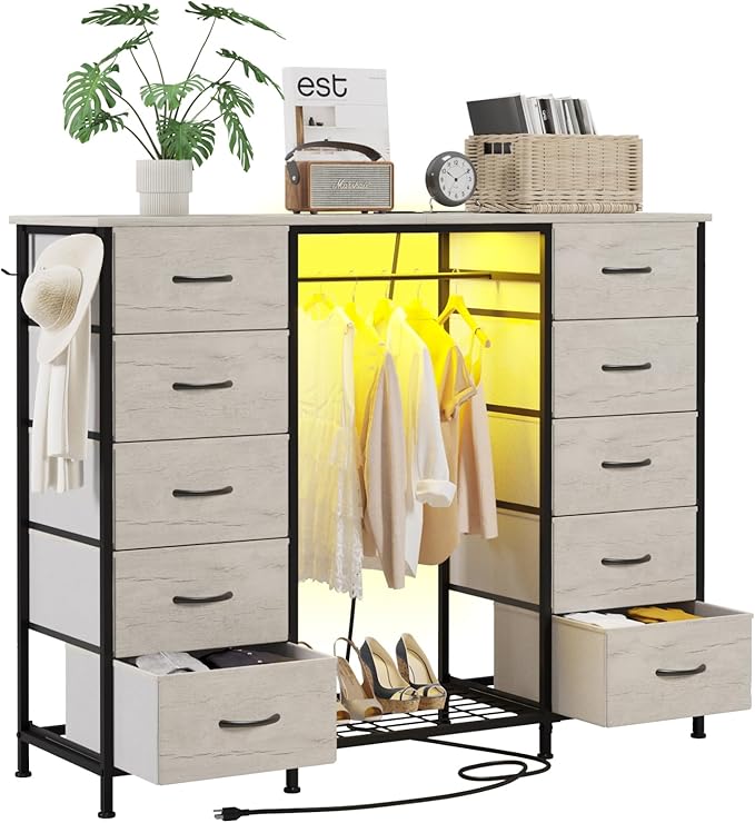 LUMTOK 55W 2-in-1 Dresser with Hanging Rack, 10 Drawers Dresser for Bedroom,Dressers with Fabric Drawers,LED Lights, Charging Station and Hanging Racks for Bedroom (Greige)