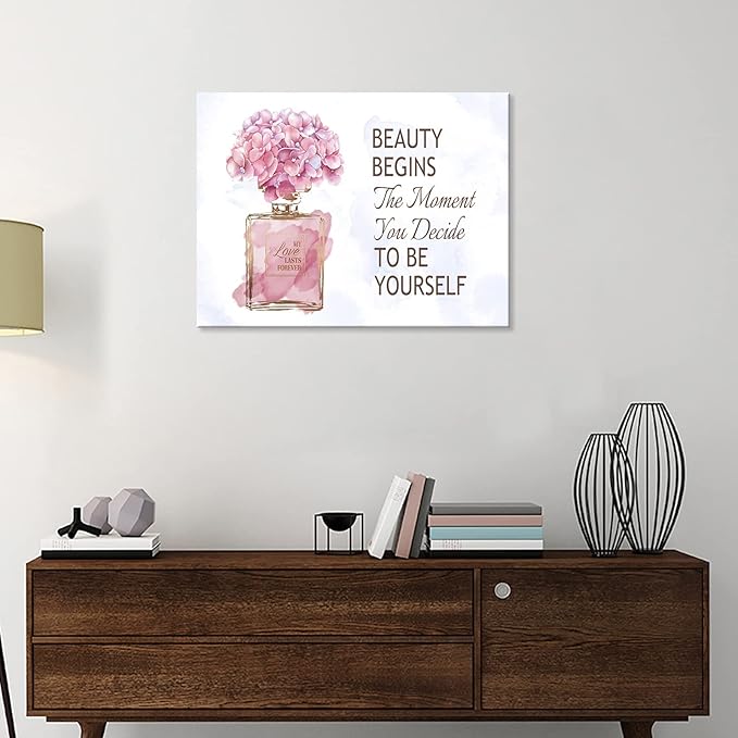 Fashioner Perfume Canvas Wall Art Gold Bottle Pink Flower Canvas Pictures Brown Inspirational Words Canvas Prints Motivational Quetos Wall Decor for Bathroom Bedroom Powder Room 16" X 12"