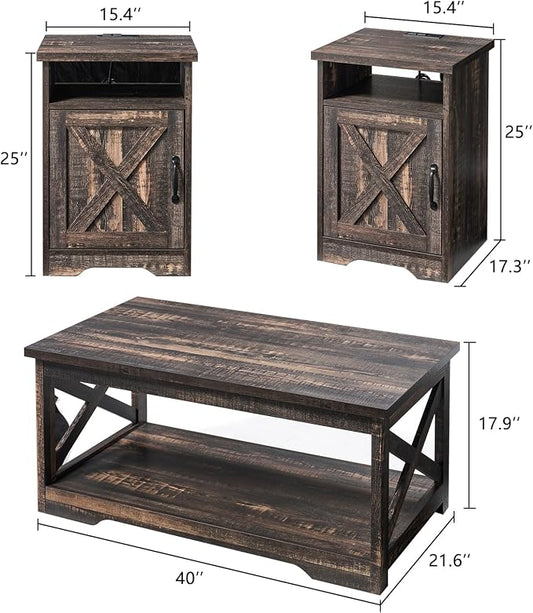 AMERLIFE 3-Piece Farmhouse Table Set Includes Coffee Table& Two End Tables, Side Table with Charging Station and USB Ports, for Living Room, Dark Oak
