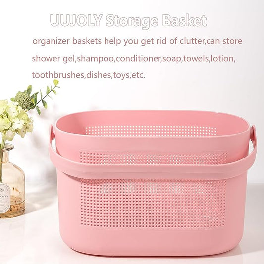 UUJOLY Plastic Storage Baskets with Handles, Shower Caddy Shelf Organizers Basket for Bathroom, Kitchen, Dorm Room, Pink
