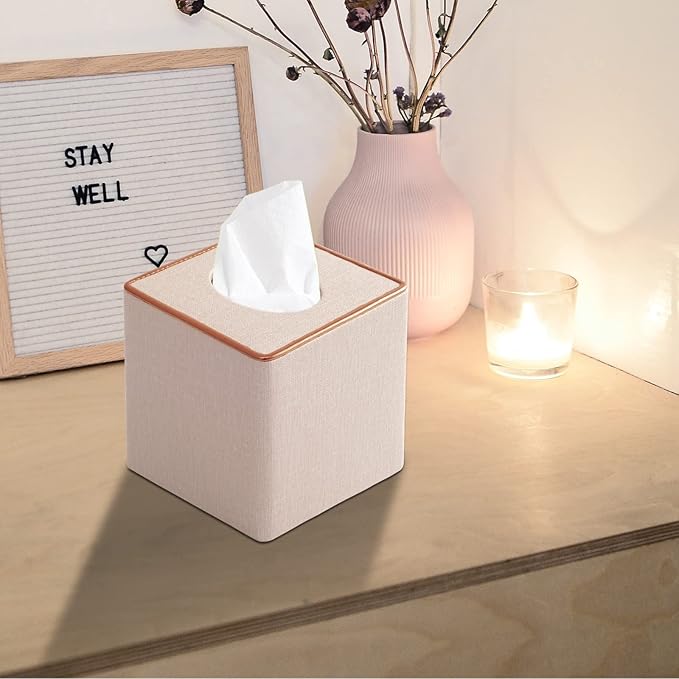 Linen Square Tissue Box Cover,Cube Tissue Box Holder-Excellent Rosegold Leather Decoration,Table Napkin Case Dispenser,Facial Tissues Organizer with Magnetic Bottom for Home Office Car(Beige)