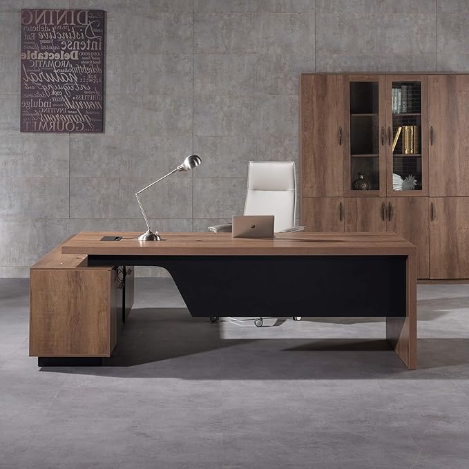 Retractable L-Shaped Executive Desk, Modern Office Desk with Drawers and Lateral File Cabinet, Large Computer Desk with Storage Shelves, Workstation for Home Office (Right Return, 86.6 - 94.5 IN)