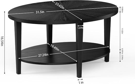 Solid Wood Oval Coffee Table for Living Room, 2 Tier Oval Rustic Coffee Table with Storage Shelf, Double Layer Center Table for Living Room, Easy Assembly Black