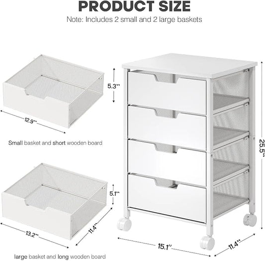 Rolling Cart with Drawers, Wooden Top and Front, with Wheels Metal Under Desk Storage Cart with 4 Drawers, for Office, Bedroom, Classroom, Home, White