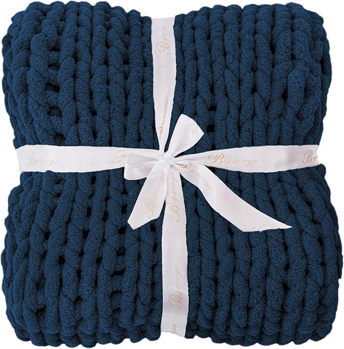 Bigacogo Chunky Knit Throw Blanket for Couch, 40x40 inches, 100% Hand Knitted with Thick Jumbo Chenille Yarn, Cozy Soft Large Rope Knot Cable Crochet Blankets for Sofa Bed Living Room, Navy Blue