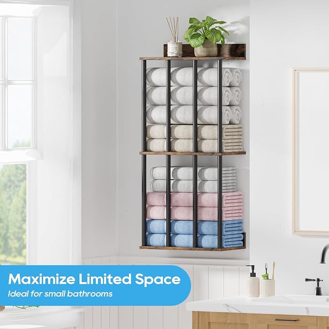 Towel Racks for Bathroom Wall Mounted, Updated 4 Bar Wall Towel Holder | Large Bathroom Towel Storage Rack for Rolled Towels, Vintage Metal Towel Organizer Shelf with Wooden Storage Shelf