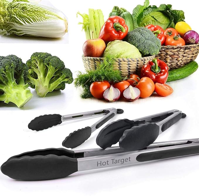 Hot Target Non-Stick Kitchen Tongs for Cooking - Set of 3: 7, 9, 12-Inch Cooking Tongs w/Rubber/Silicone Tips | Stainless Steel Tong, Metal | Salad Tongs, Pasta, Food Serving, Grill Tongs, Bbq