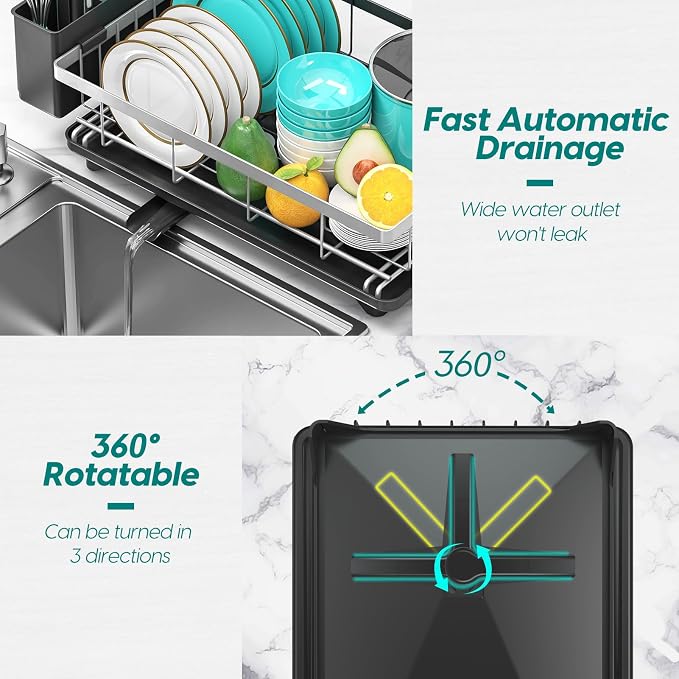 MERRYBOX Stainless Steel Dish Drying Rack for Kitchen Counter Sink,Rustproof Stainless Steel Dish Rack with Large 3-Compartment Utensil Holder