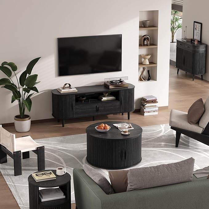 SULIVES Round Coffee Table with Lifting Top, Multifunctional Drum Coffee Table with Sliding Door, Small Fluted Center Table for Living Room, Black